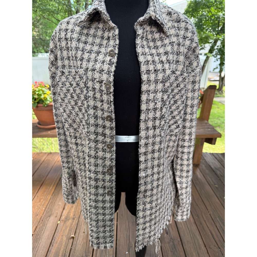 Mnml Womens XS Houndstooth Tweed Shacket Black Tan Frayed Hem Button Front